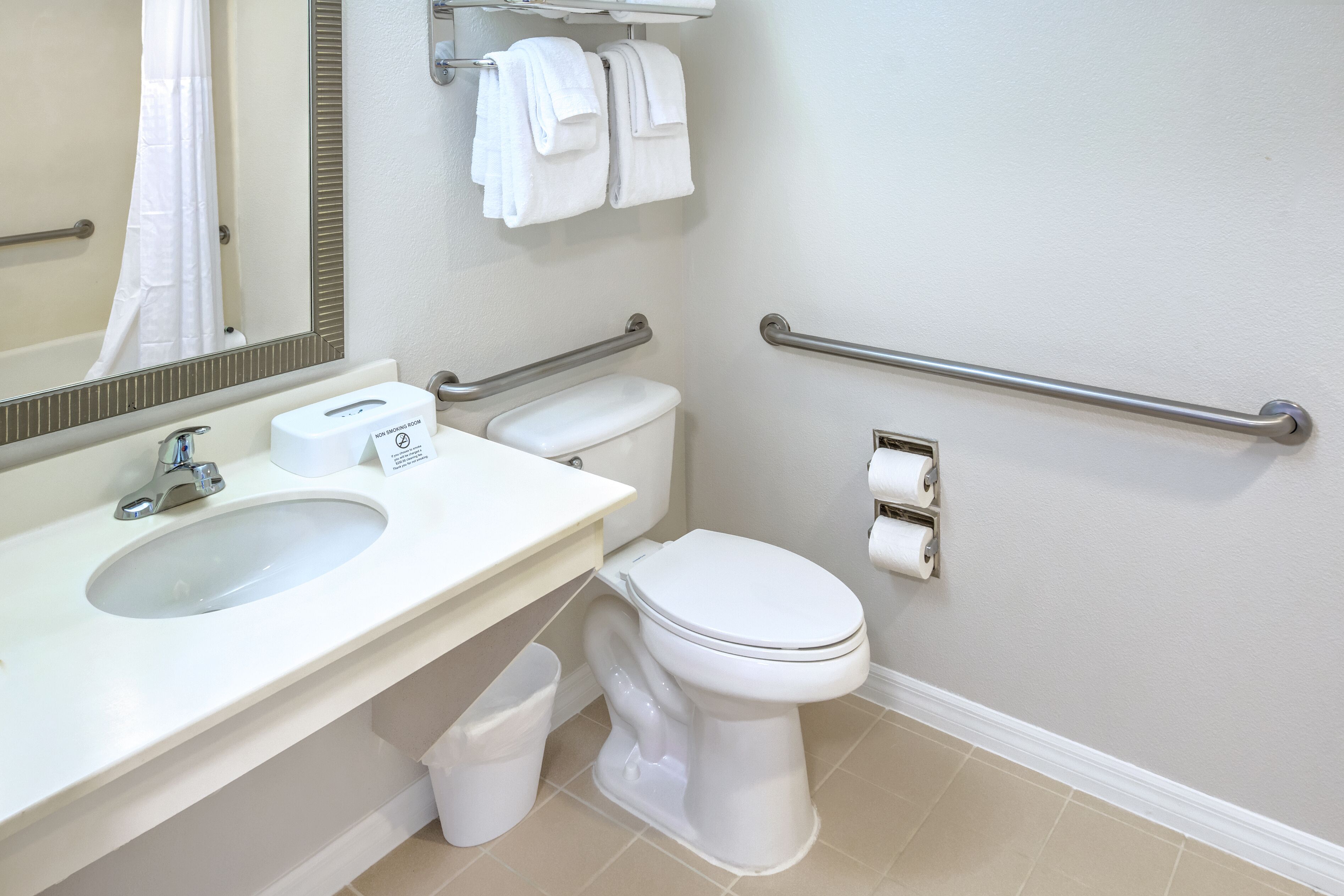 A modern bathroom with a white sink, toilet, and grab bars.