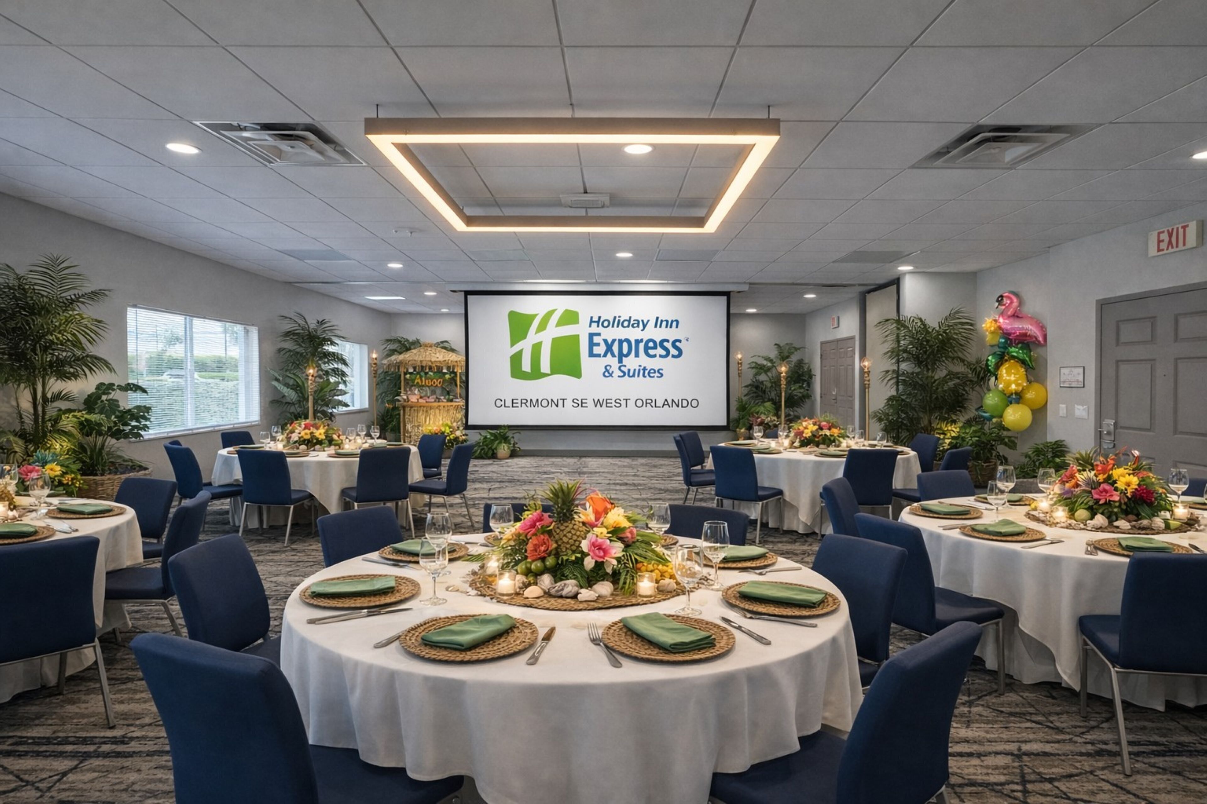 A conference room with round tables set for a meeting, a large screen displaying the Holiday Inn Express logo, and a tropical-themed centerpiece.