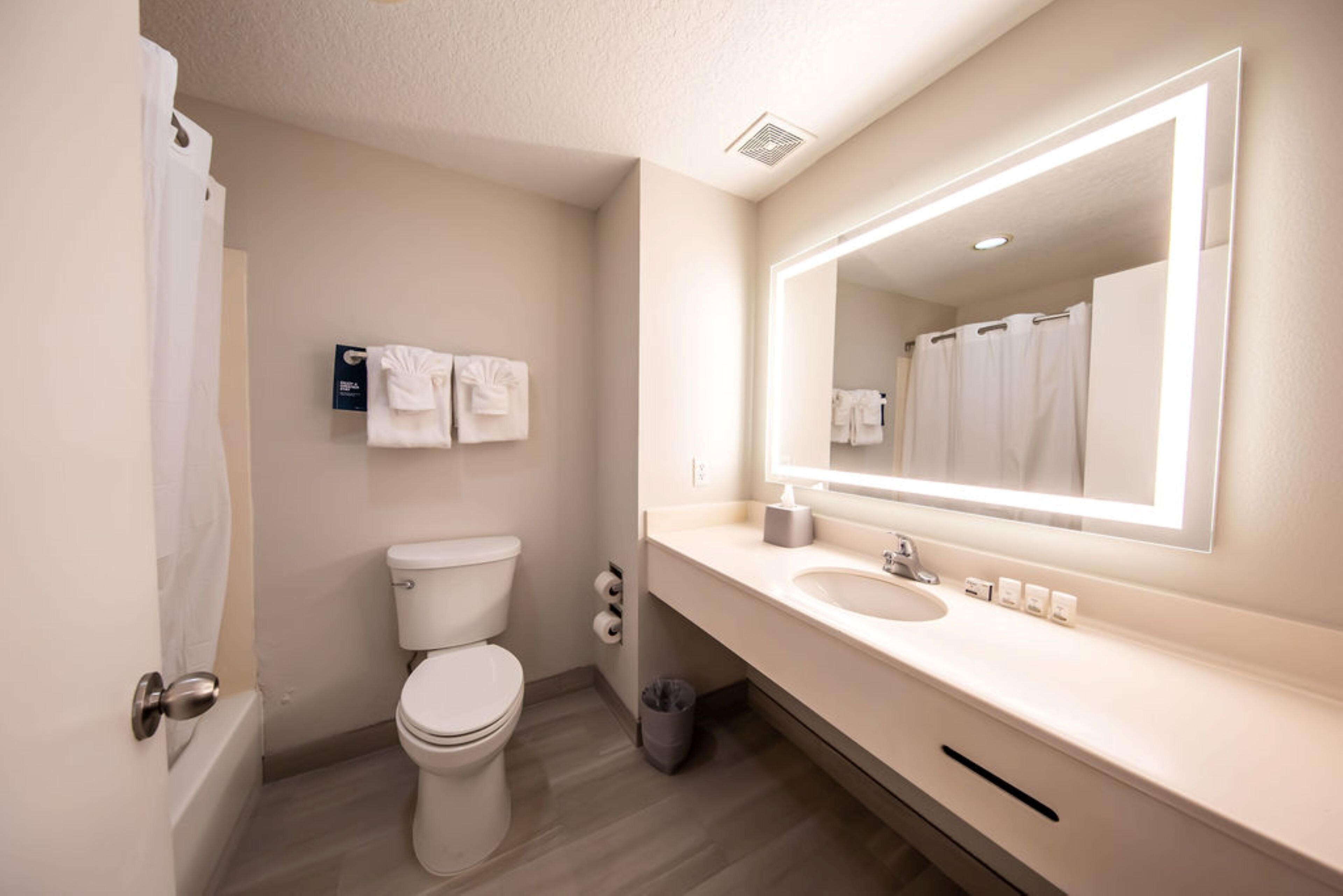 A modern bathroom with a toilet, sink, and mirror.