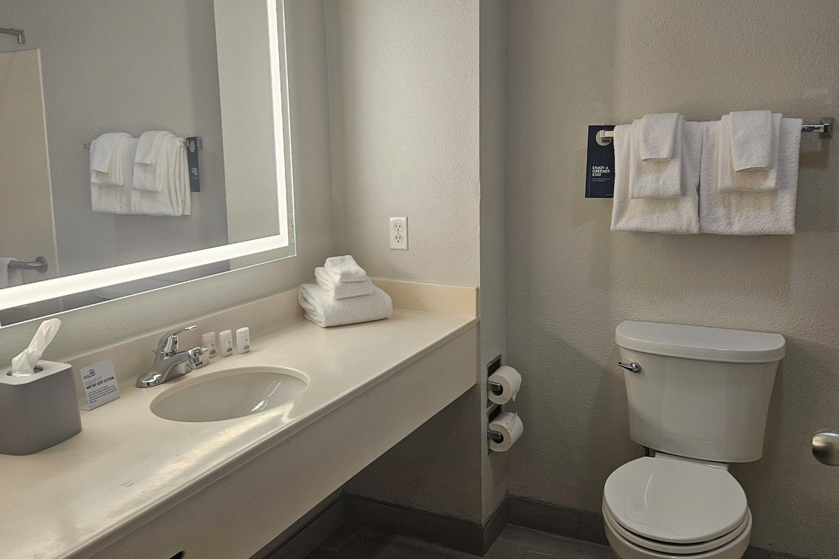 Badkar/dusch, gratis toalettartiklar, hårtork och handdukar