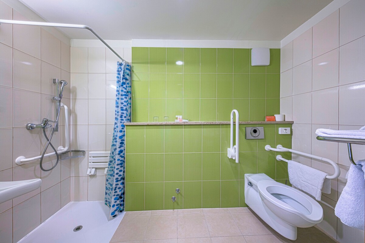 A bathroom with a shower, toilet, and grab bars.