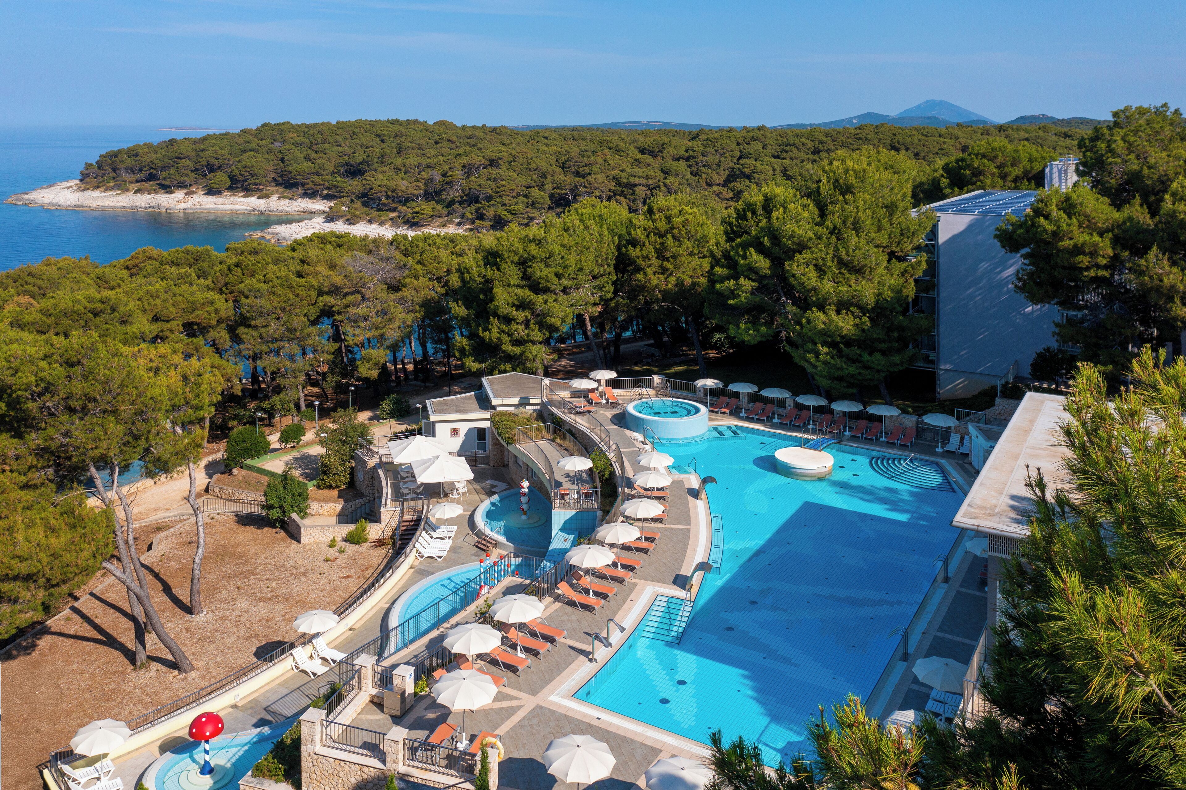 Outdoor pool, pool umbrellas, pool loungers