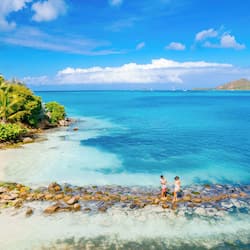 On the beach, white sand, free beach cabanas, sun loungers