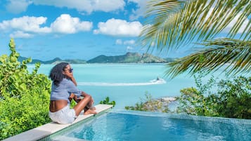 Suite – panorama, privat basseng, ved havkanten | Sengetøy i egyptisk bomull, sengetøy av topp kvalitet og safe på rommet