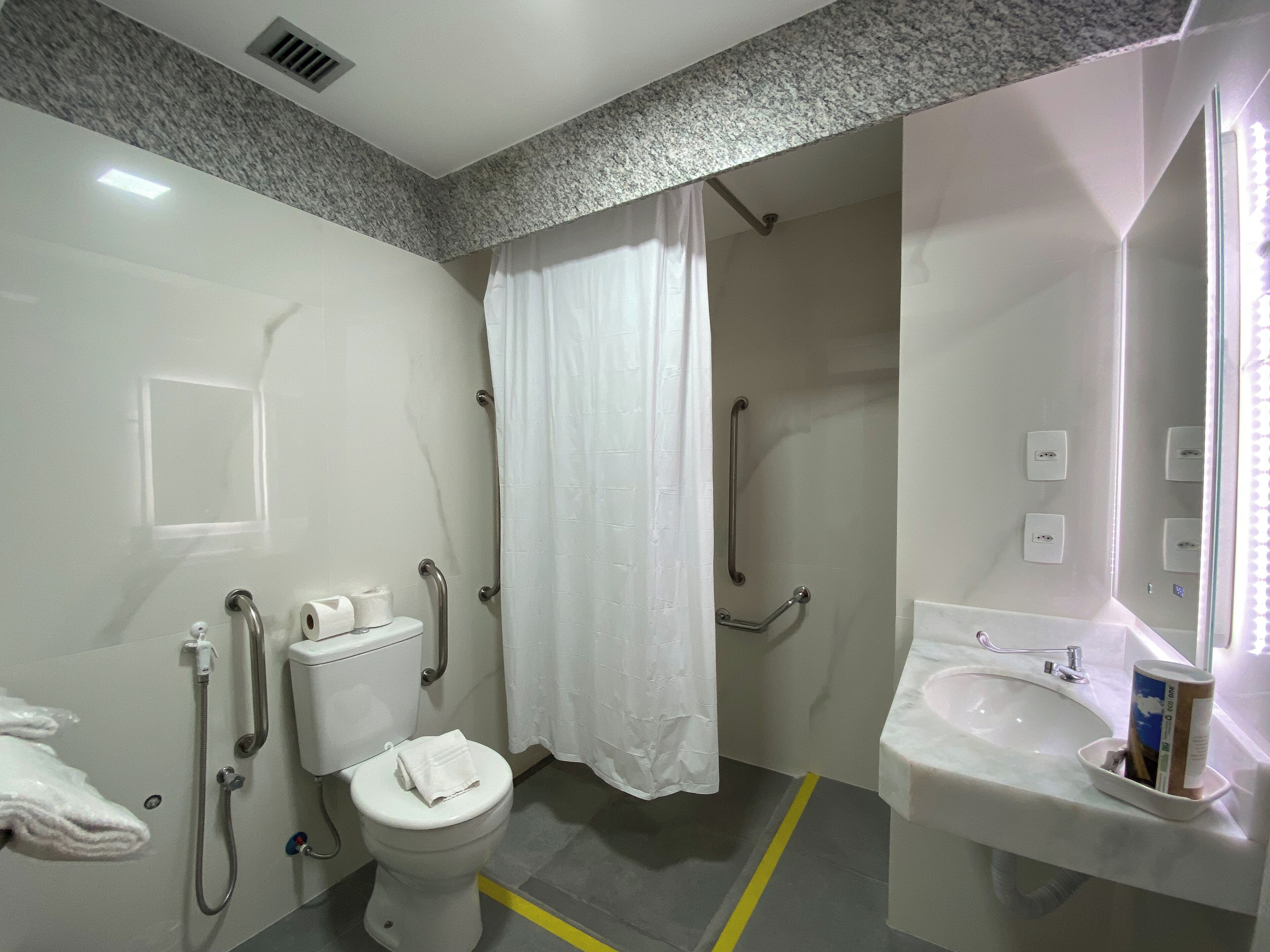 A bathroom with a toilet, shower, grab bars, a sink, and a mirror.