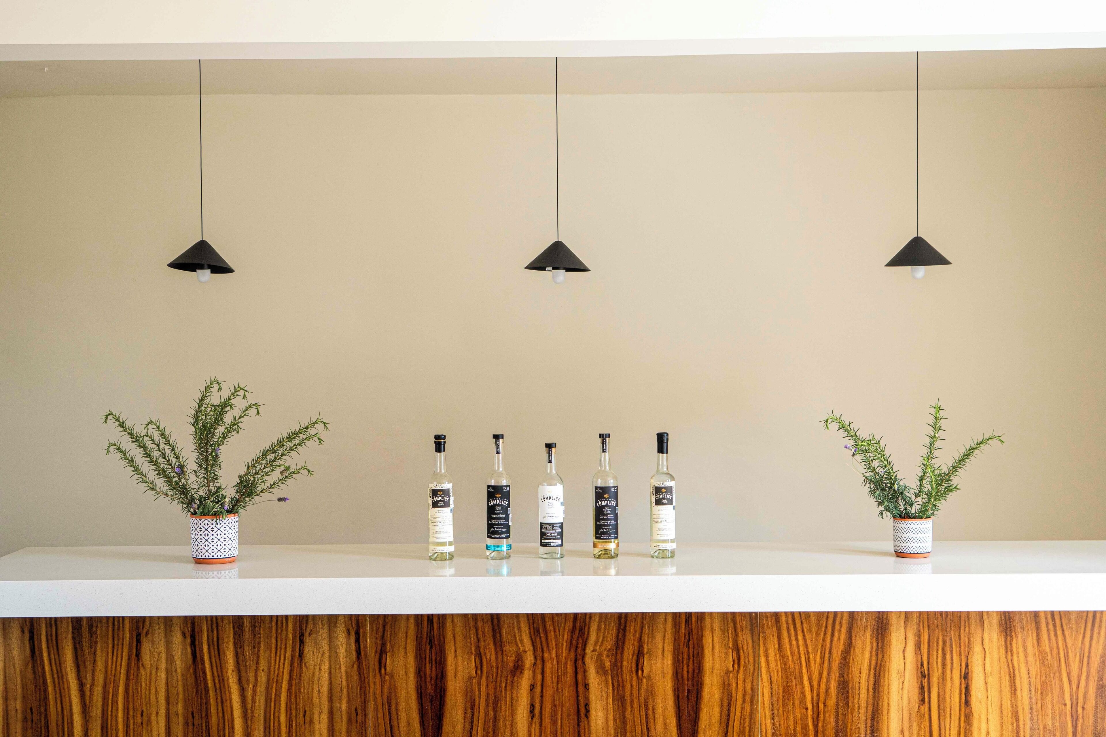 Un comptoir blanc avec cinq bouteilles de spiritueux et deux plantes en pot.