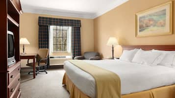 Une chambre d’hôtel avec un grand lit, deux fauteuils, un bureau, une télévision et une fenêtre avec des rideaux.