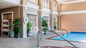 Una piscina interior con suelo de baldosas, rodeada de sillones de descanso y plantas en macetas.