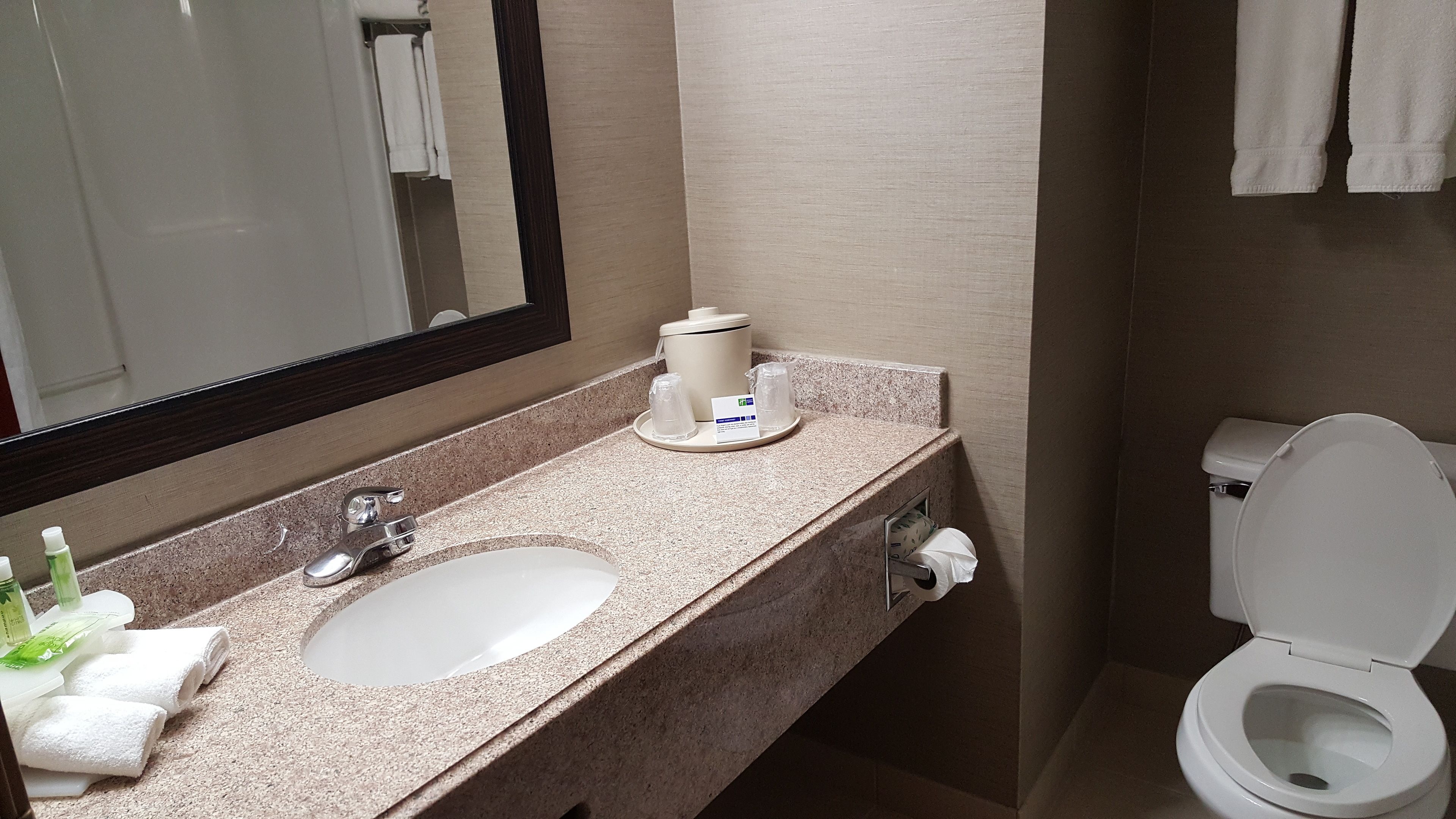 A bathroom with a sink, mirror, toilet, and a coffee maker on the countertop.