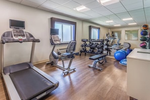 A gym with exercise equipment, a treadmill, and a weight bench.