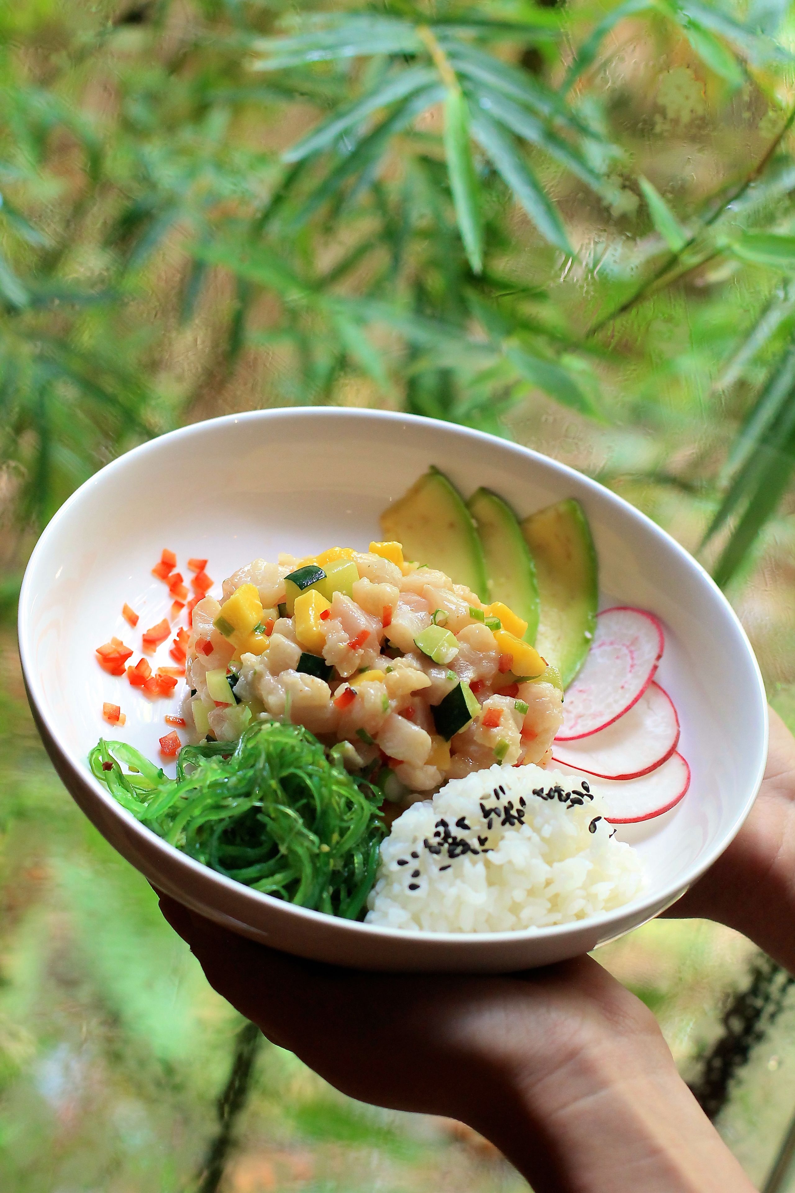 A bowl of food with rice, avocado, radish, and a topping, held by a person.