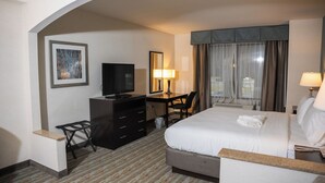 A hotel room with a bed, a desk, a chair, a television, and a window with curtains. - Wyndham Garden Erie (Erie)