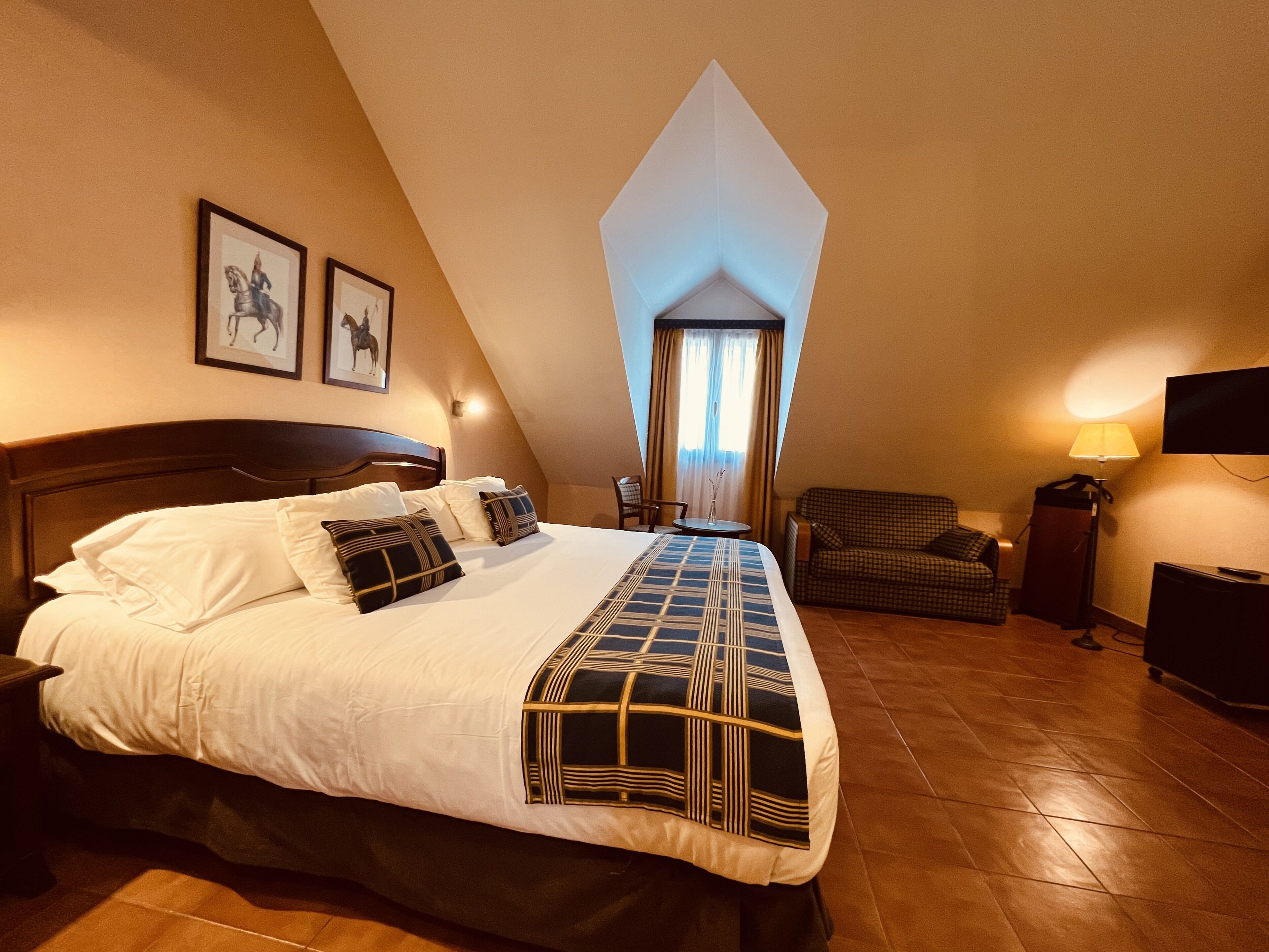 Una habitación de hotel con una cama grande, una silla, un televisor y una lámpara.