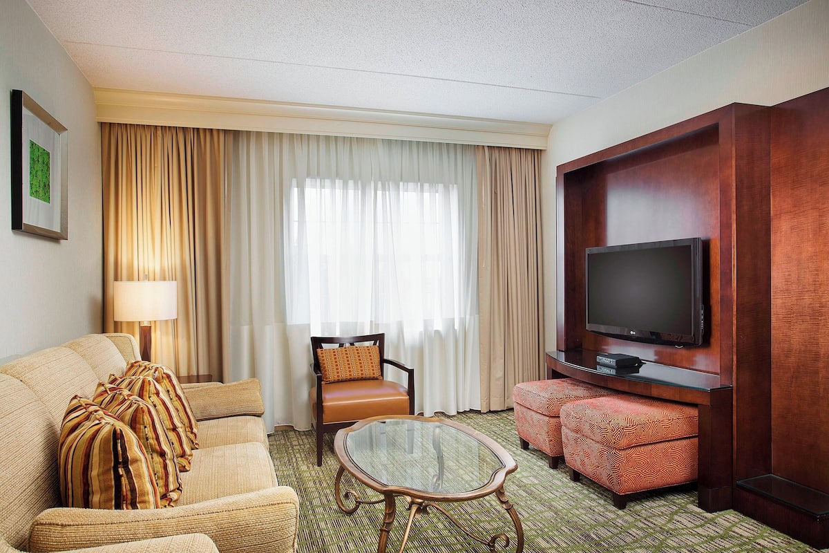 Suite, 1 cama King size y sofá cama | Área de sala de estar | Televisión LCD de 32 pulgadas con canales por cable y televisión
