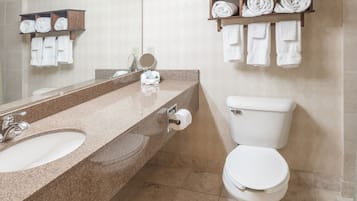 Combined shower/tub, deep soaking tub, free toiletries, hair dryer