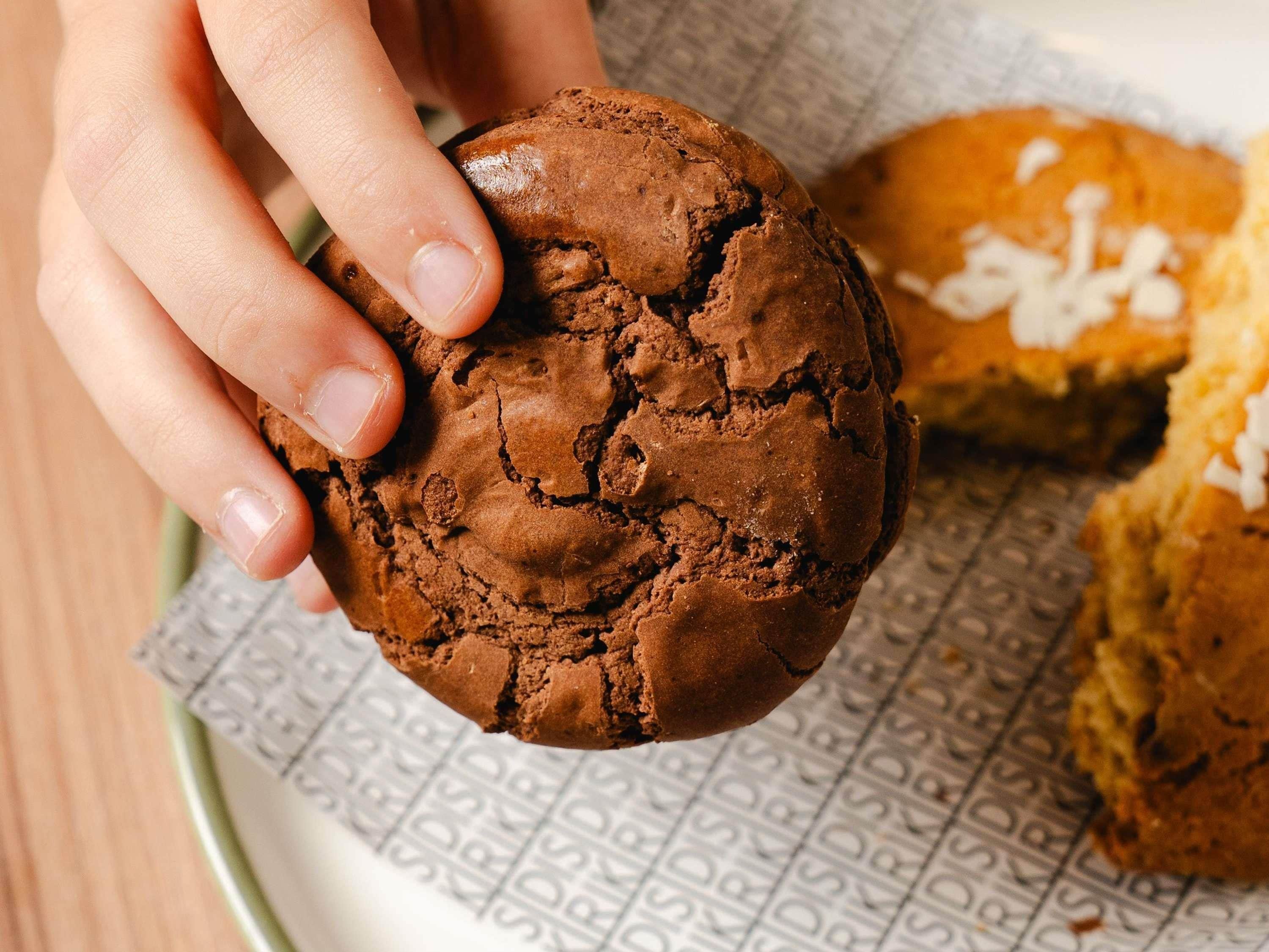 Una mano sostiene una galleta de chocolate con textura rugosa, sobre un plato estampado con otra galleta visible a medio cubrir.