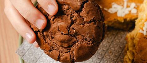Una mano sostiene una galleta de chocolate con textura rugosa, sobre un plato estampado con otra galleta visible a medio cubrir.