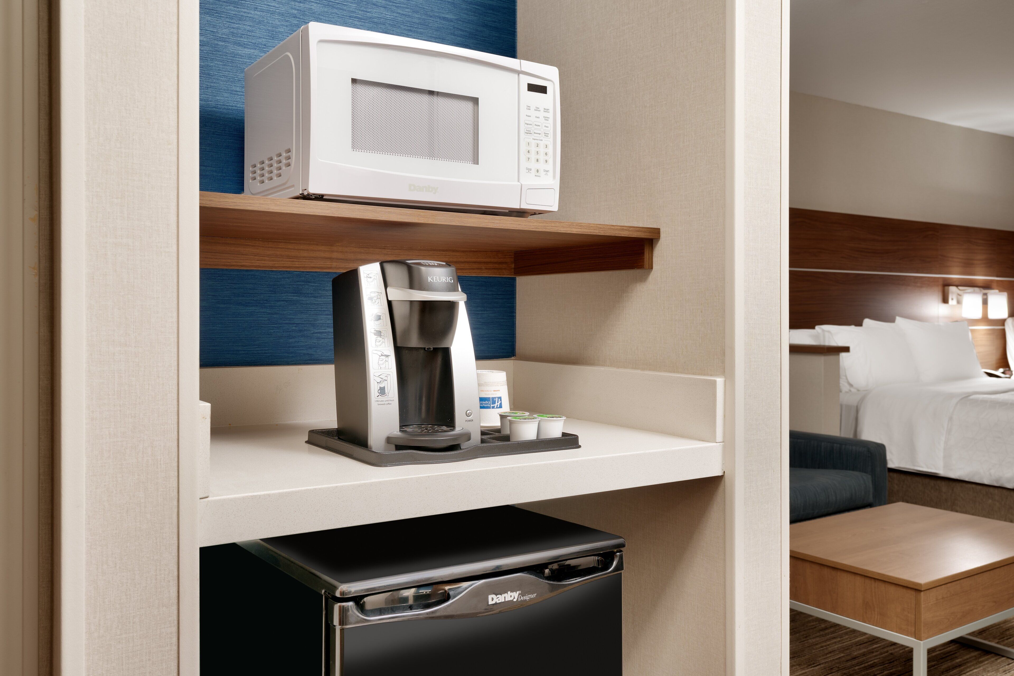 desk, laptop workspace, blackout curtains, iron/ironing board