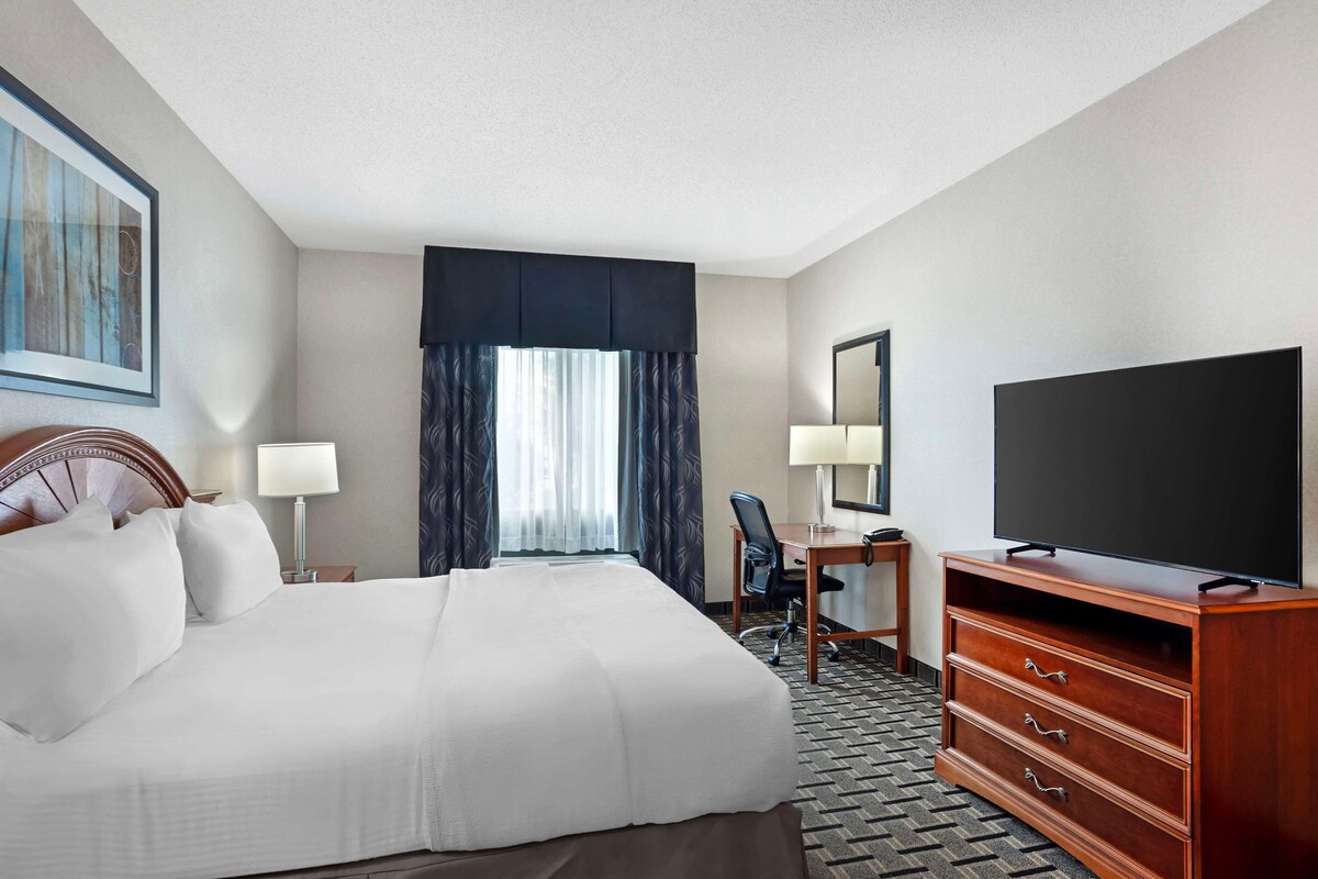 A hotel room with a large bed, a desk with a chair, a television, and a dresser.