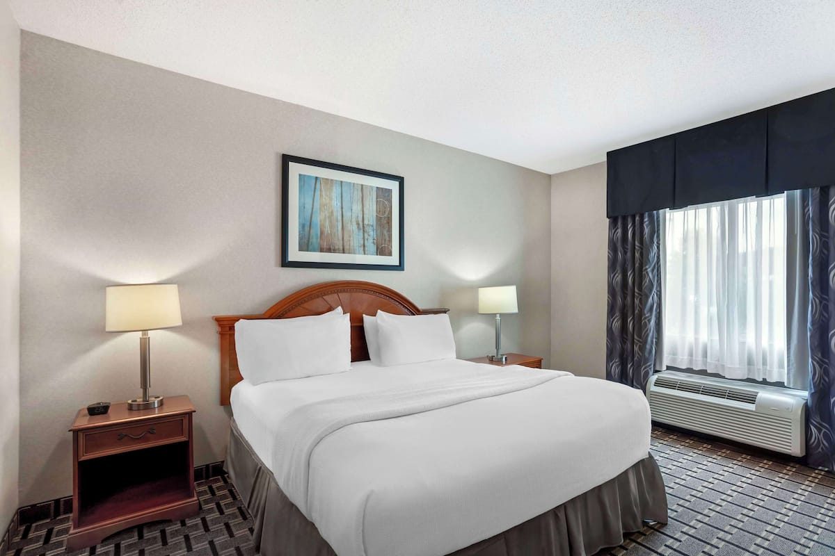 A hotel room with a large bed, two bedside tables with lamps, a framed picture on the wall, and a window with curtains.