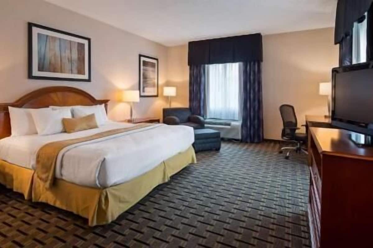 A hotel room with a bed, a desk, a chair, a TV, and a window with curtains.