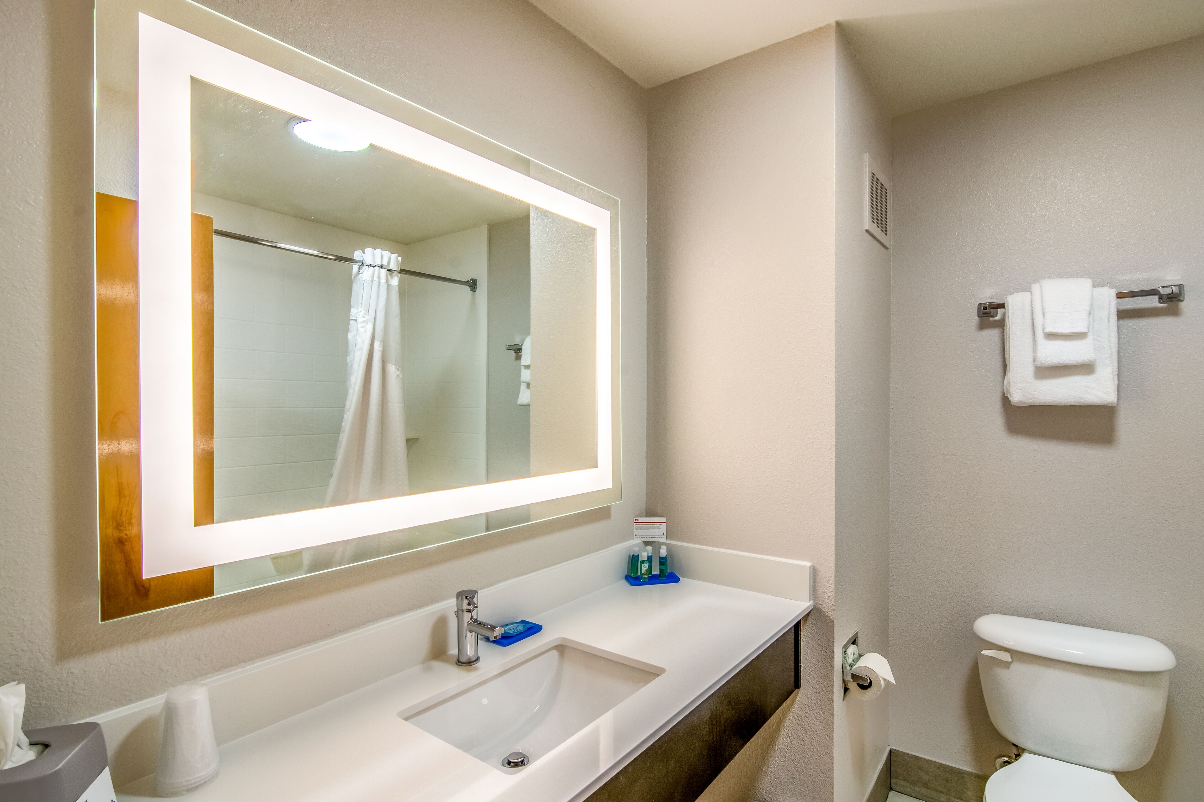 Un baño con un espejo grande, lavamanos e inodoro.