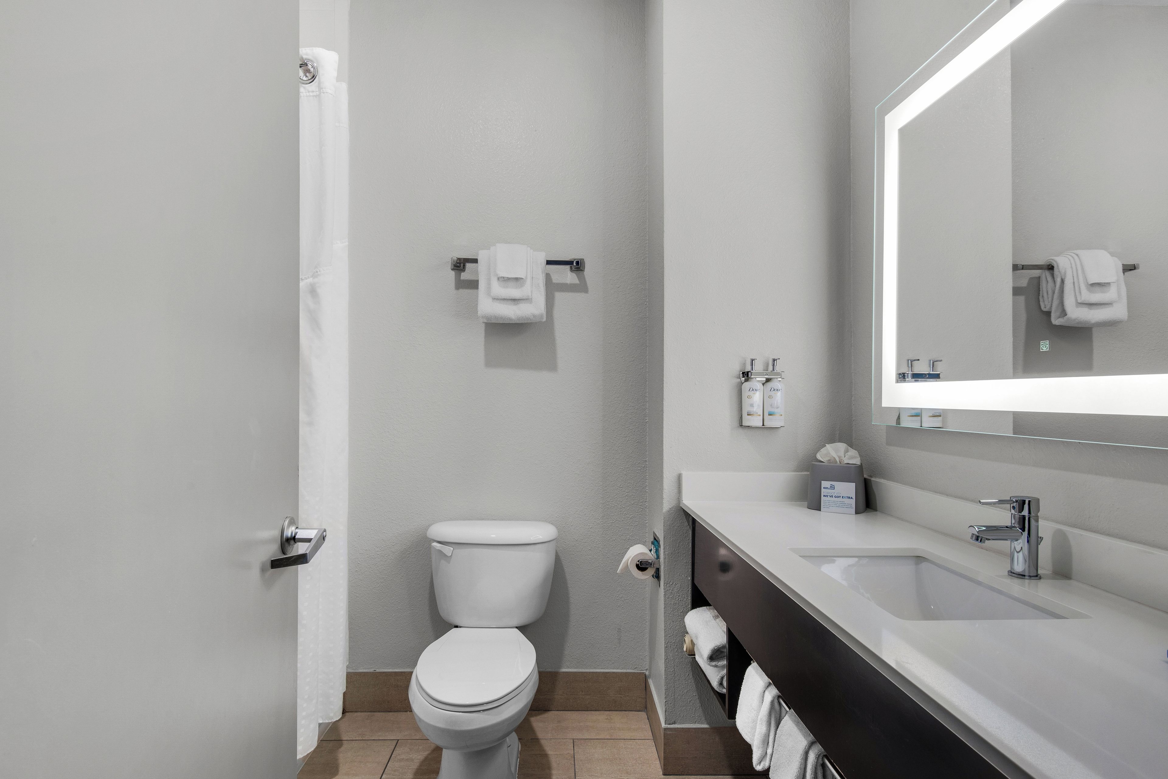 Une salle de bain moderne avec des toilettes, un lavabo et un miroir.