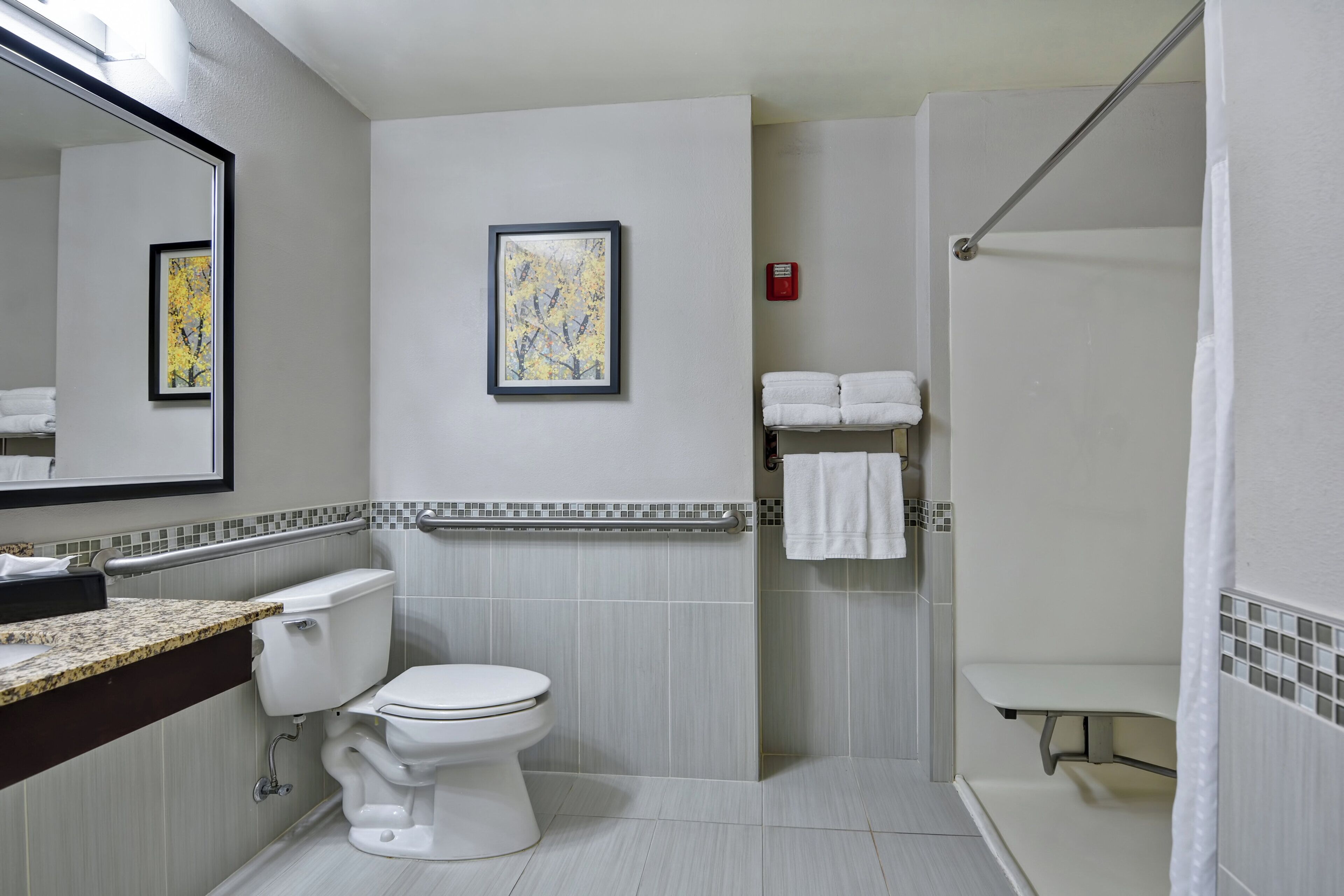 Une salle de bain moderne équipée de toilettes, d’un lavabo et d’une zone douche.