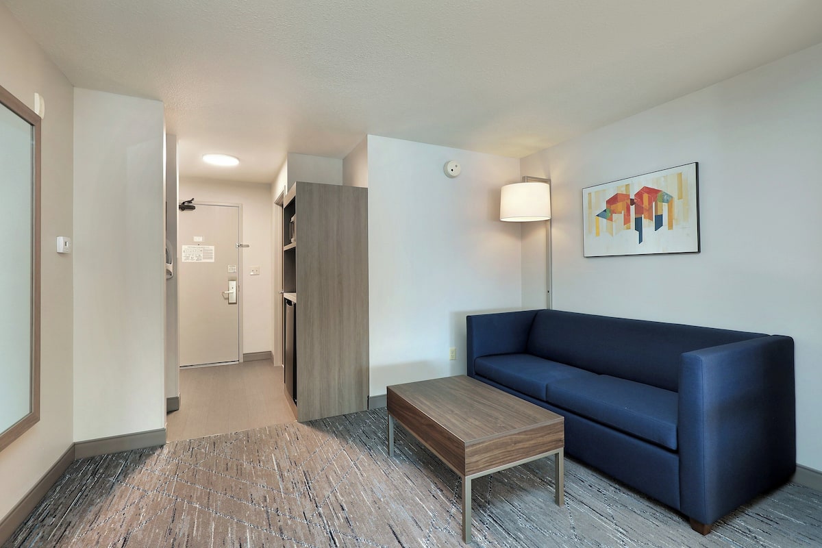 A modern hotel room with a blue sofa, a wooden coffee table, and a patterned rug.