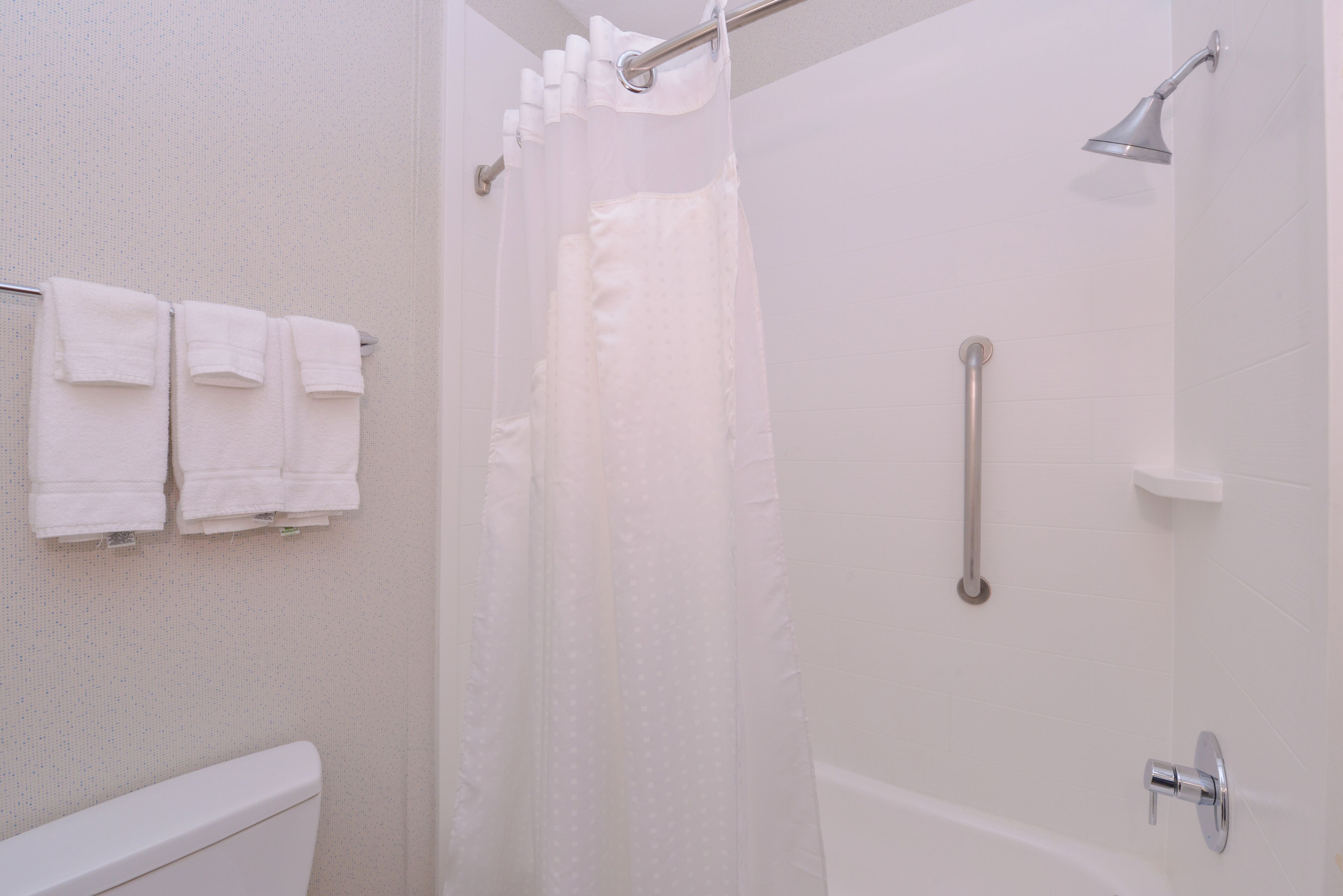 combined shower/bathtub, free toiletries, hair dryer, towels