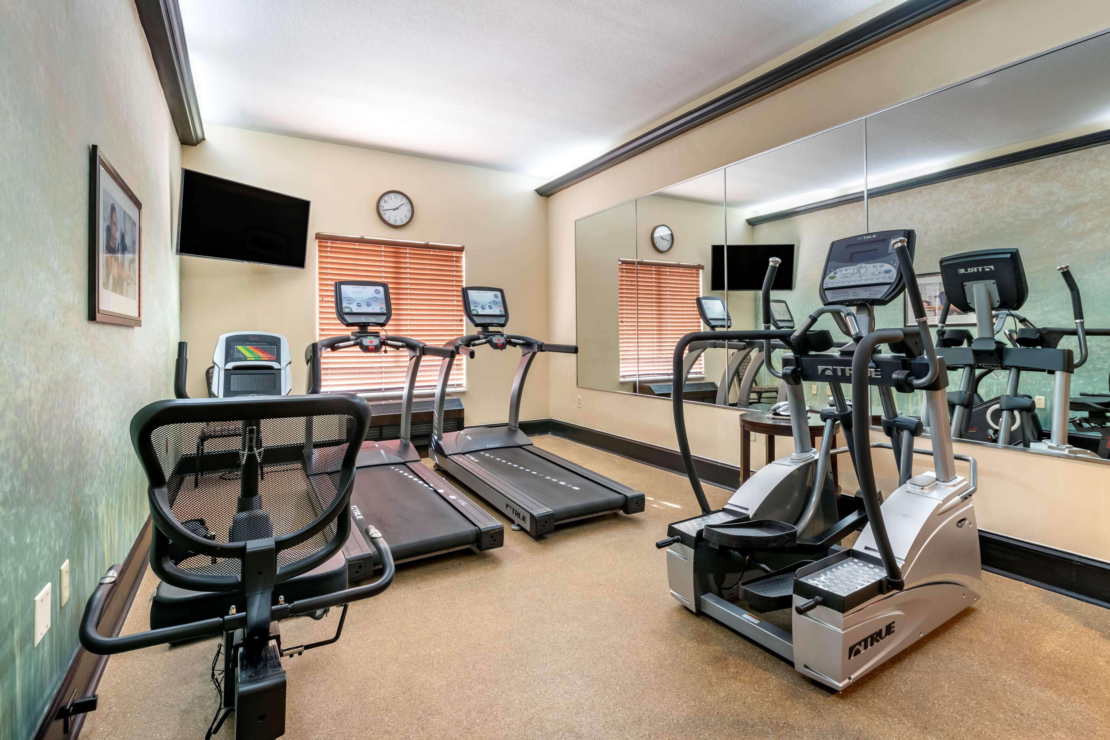 A fitness center with treadmills, a stationary bike, and a rowing machine.