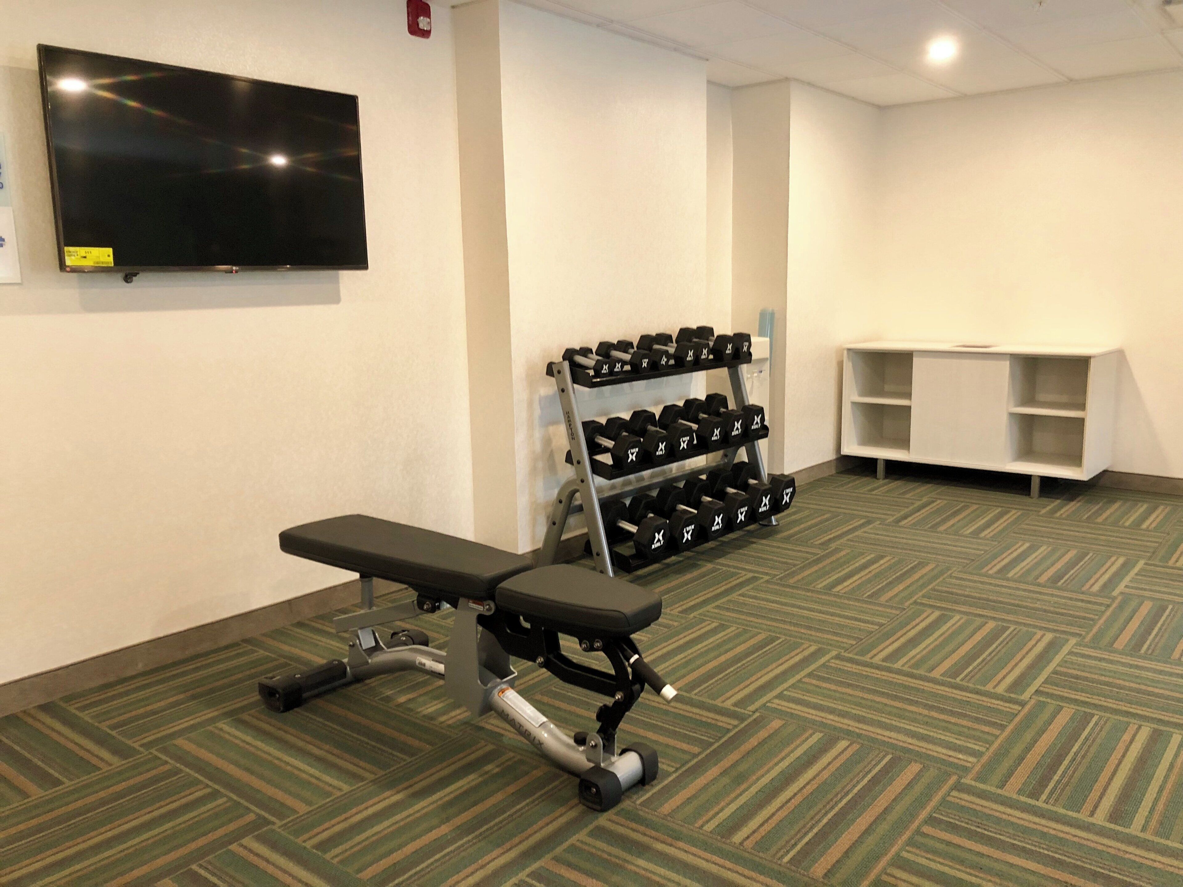 A gym with a bench, dumbbells, a television, and a white shelf unit.