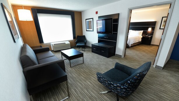 Una habitación de hotel con sofá, sillón, televisión y cama.