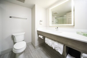 Combined shower/tub, rainfall showerhead, free toiletries, hair dryer