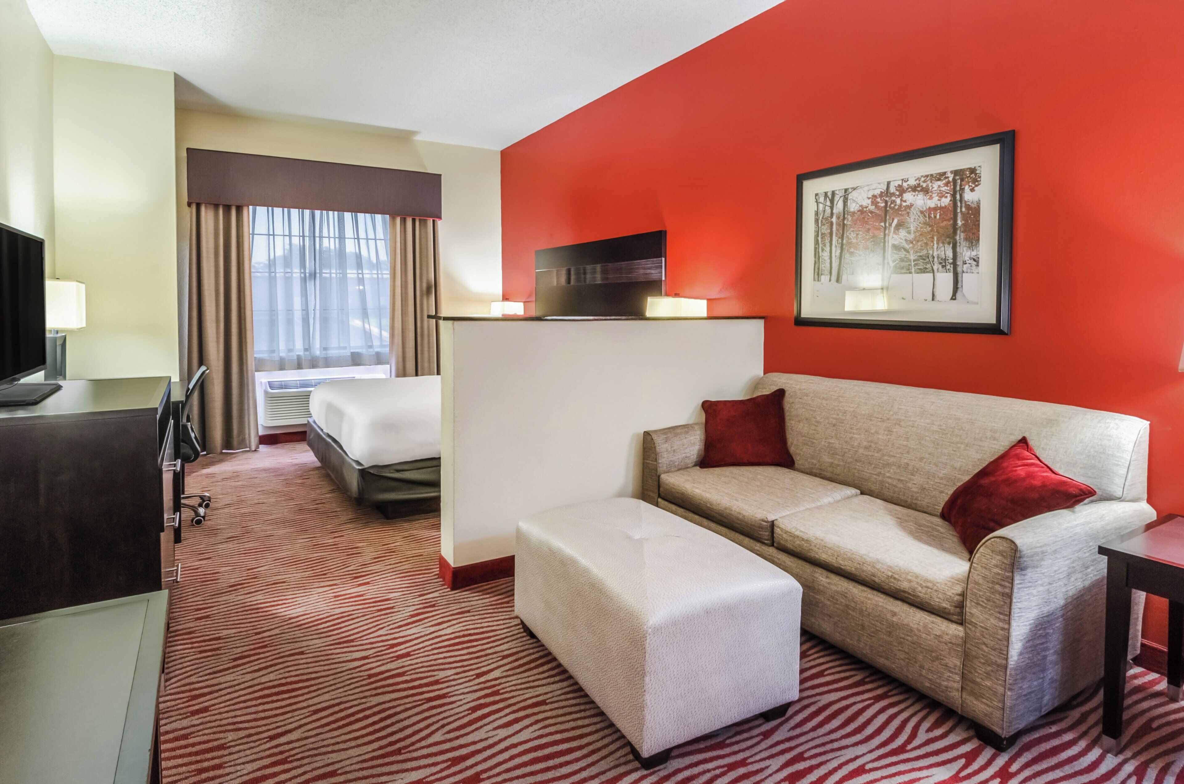 Une chambre d’hôtel avec un lit, un canapé, une télévision et un tableau au mur.