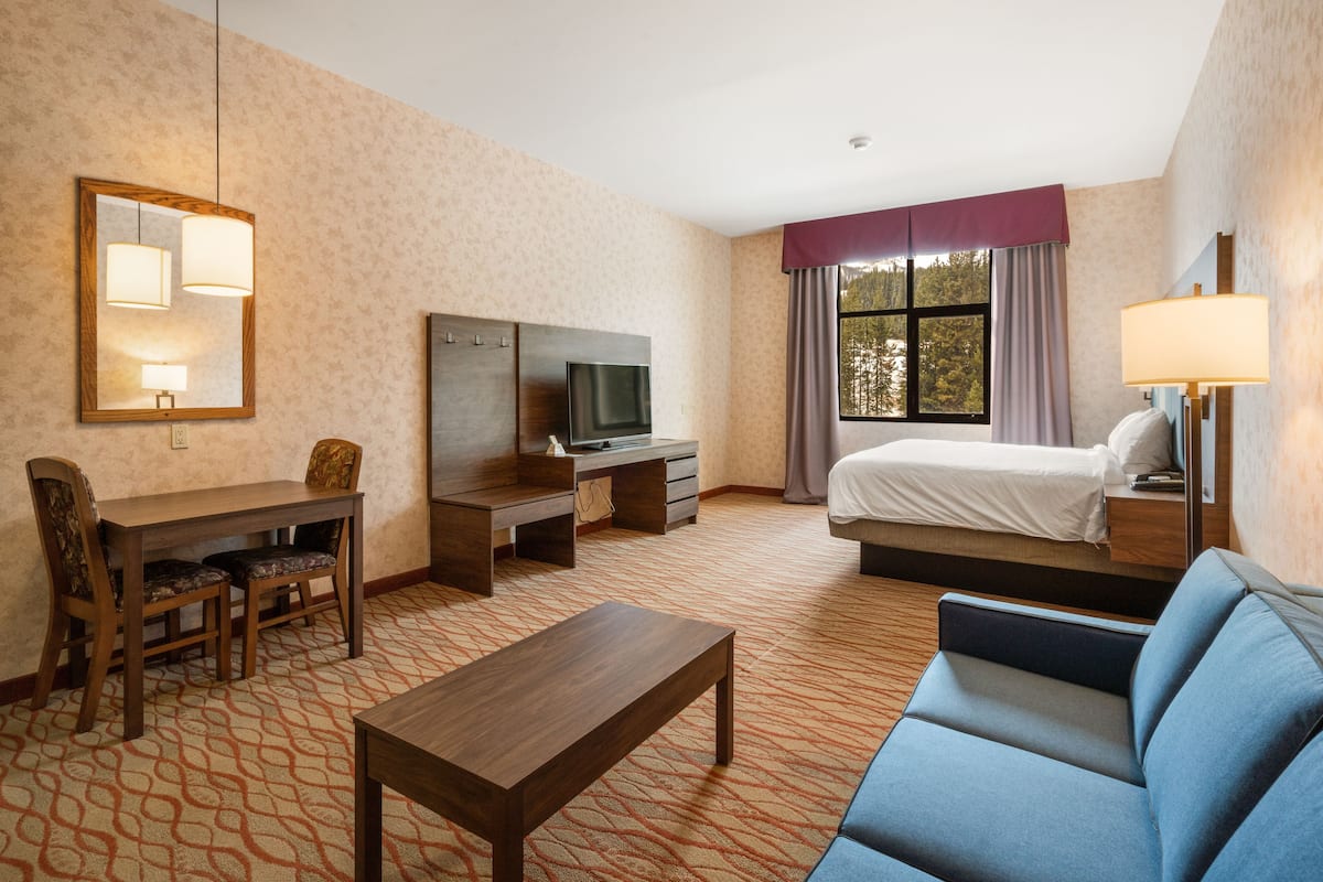 A hotel room with a bed, a desk with a TV, a sofa, a lamp, and a window with curtains.