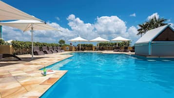 Outdoor pool, pool umbrellas, pool loungers