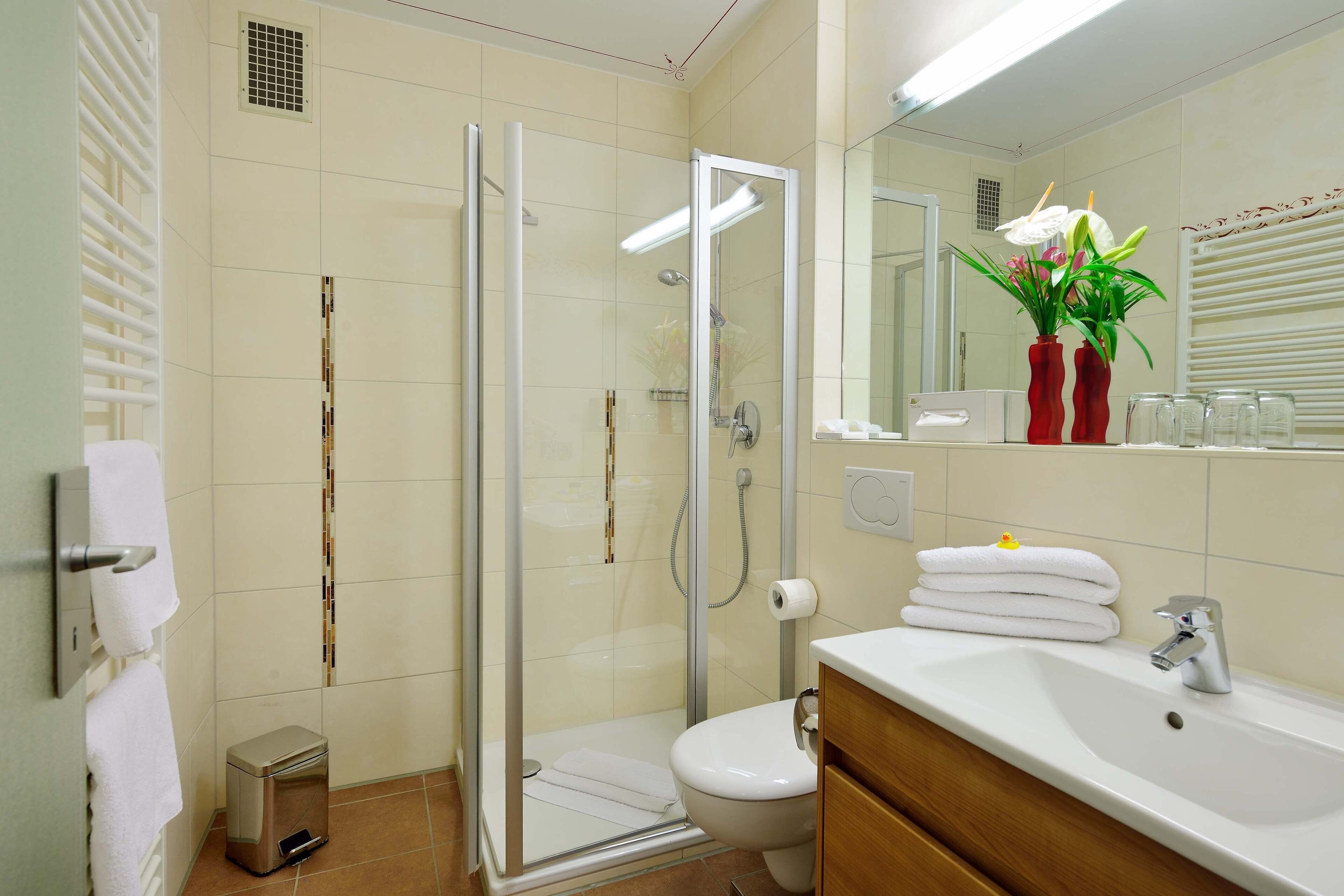A modern bathroom with a glass-enclosed shower, a toilet, a sink with a mirror, and a small trash bin.