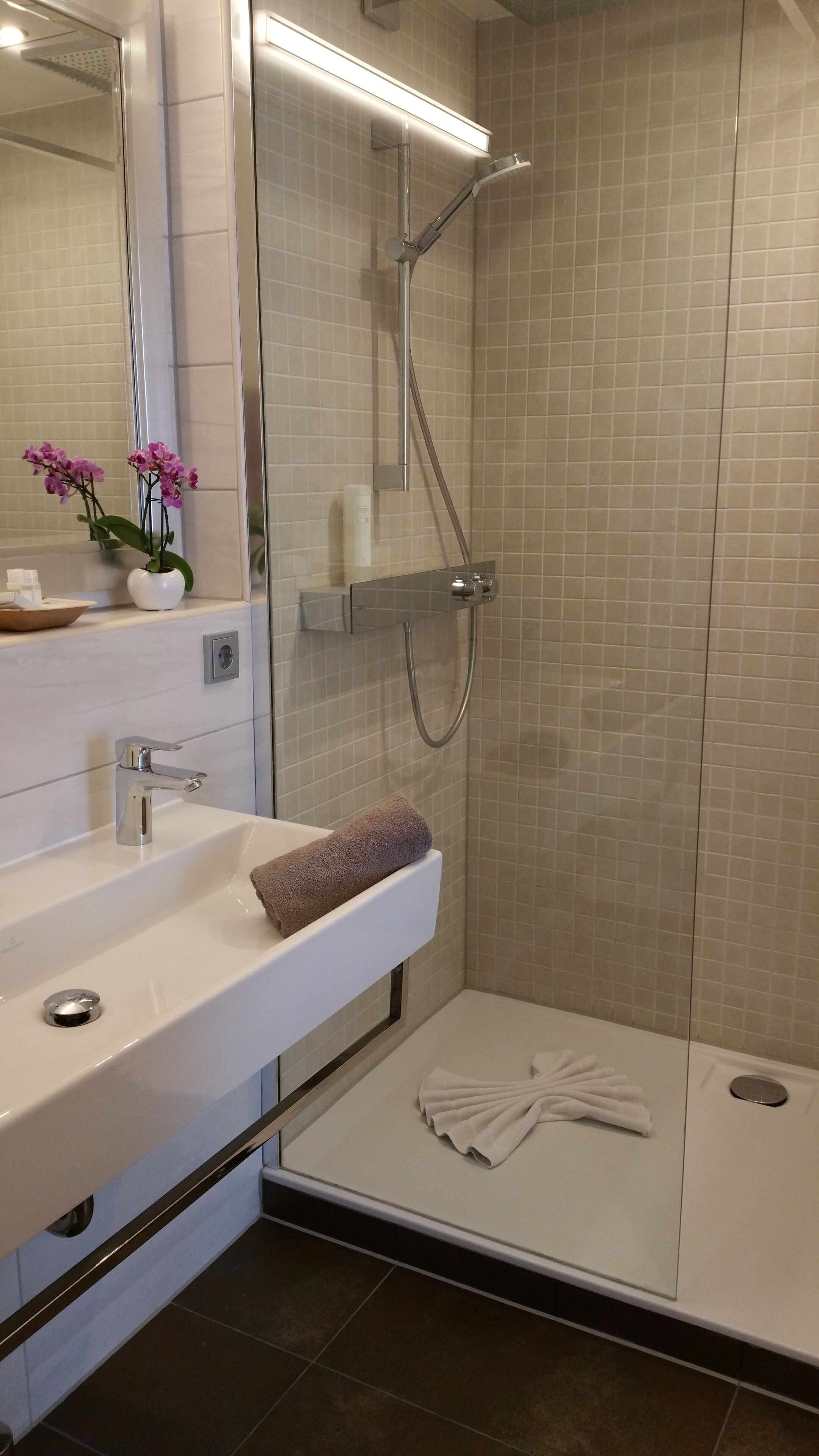 A modern bathroom with a glass shower enclosure, a white sink, and a mirror.