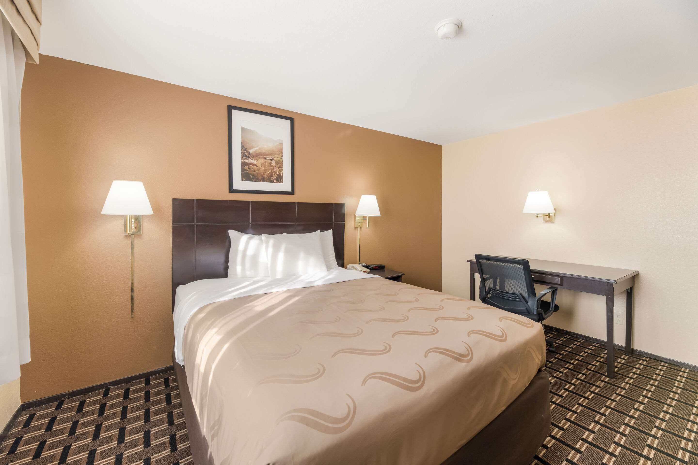 Una habitación de hotel con una cama, dos lámparas de noche, un escritorio y una silla.