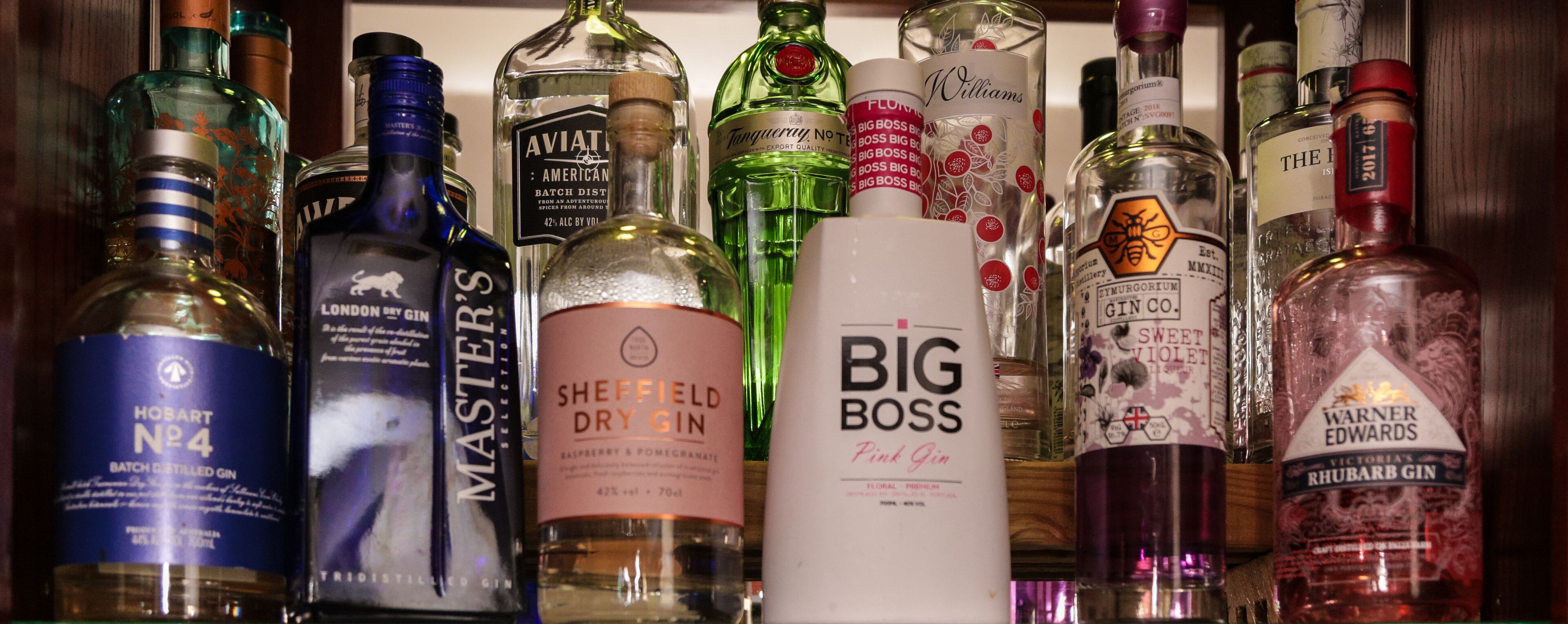 A collection of various gin bottles on a shelf.