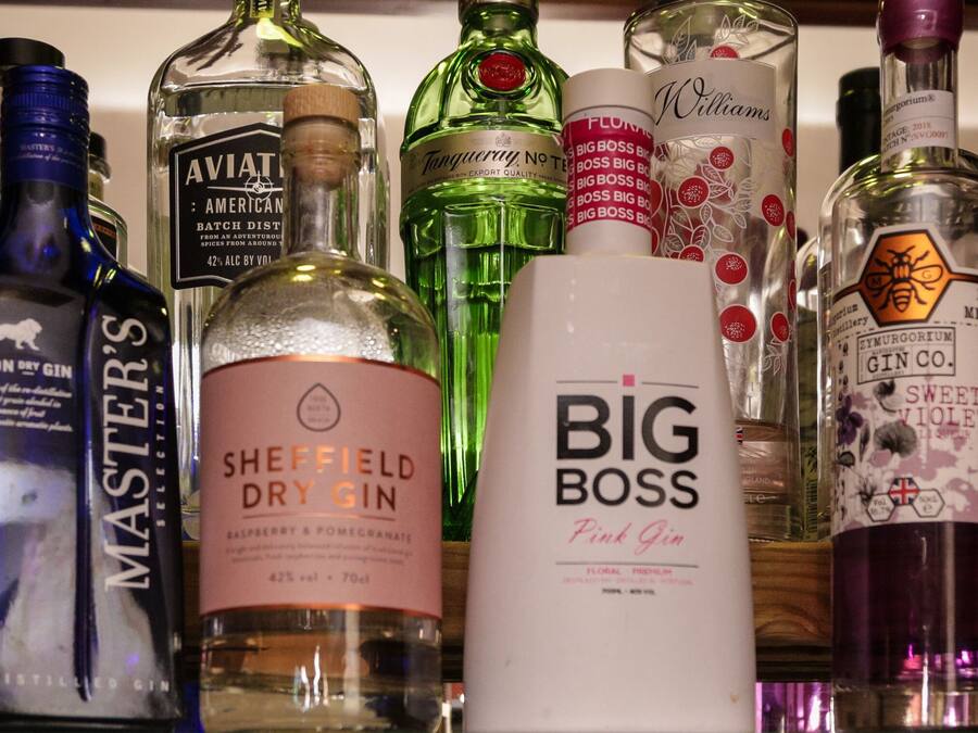 A collection of various gin bottles on a shelf.