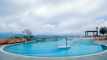 Indoor pool, outdoor pool, pool loungers