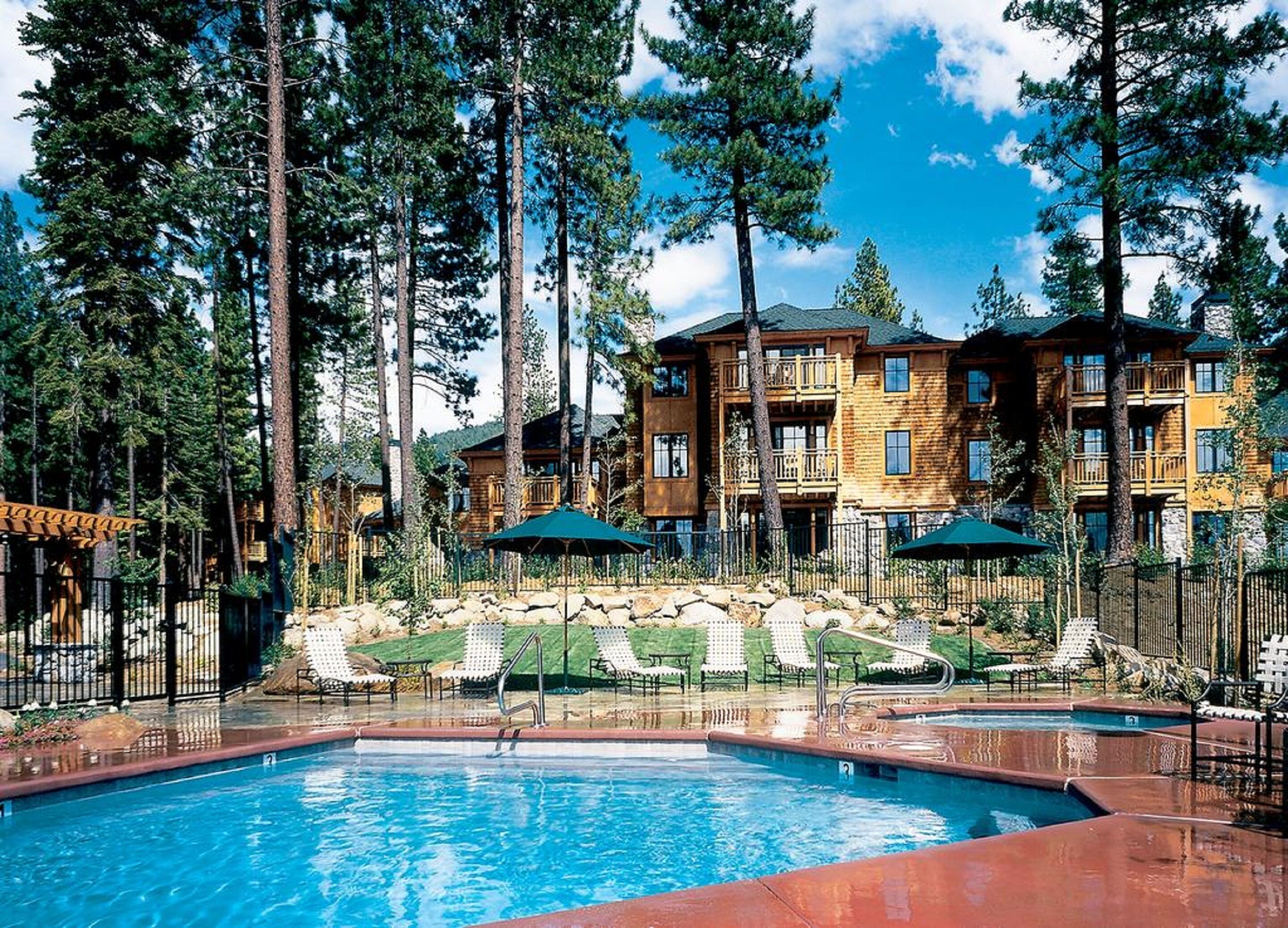 A pool area with lounge chairs, a wooden building with balconies, and tall pine trees in the background.