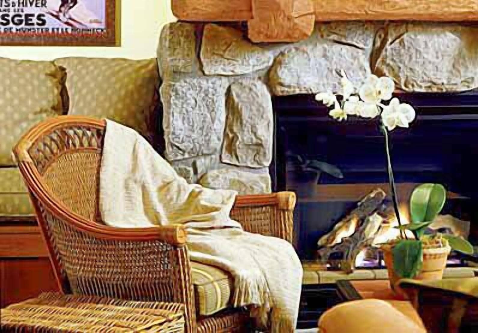 A cozy living room with a stone fireplace, wicker furniture, and a potted orchid.
