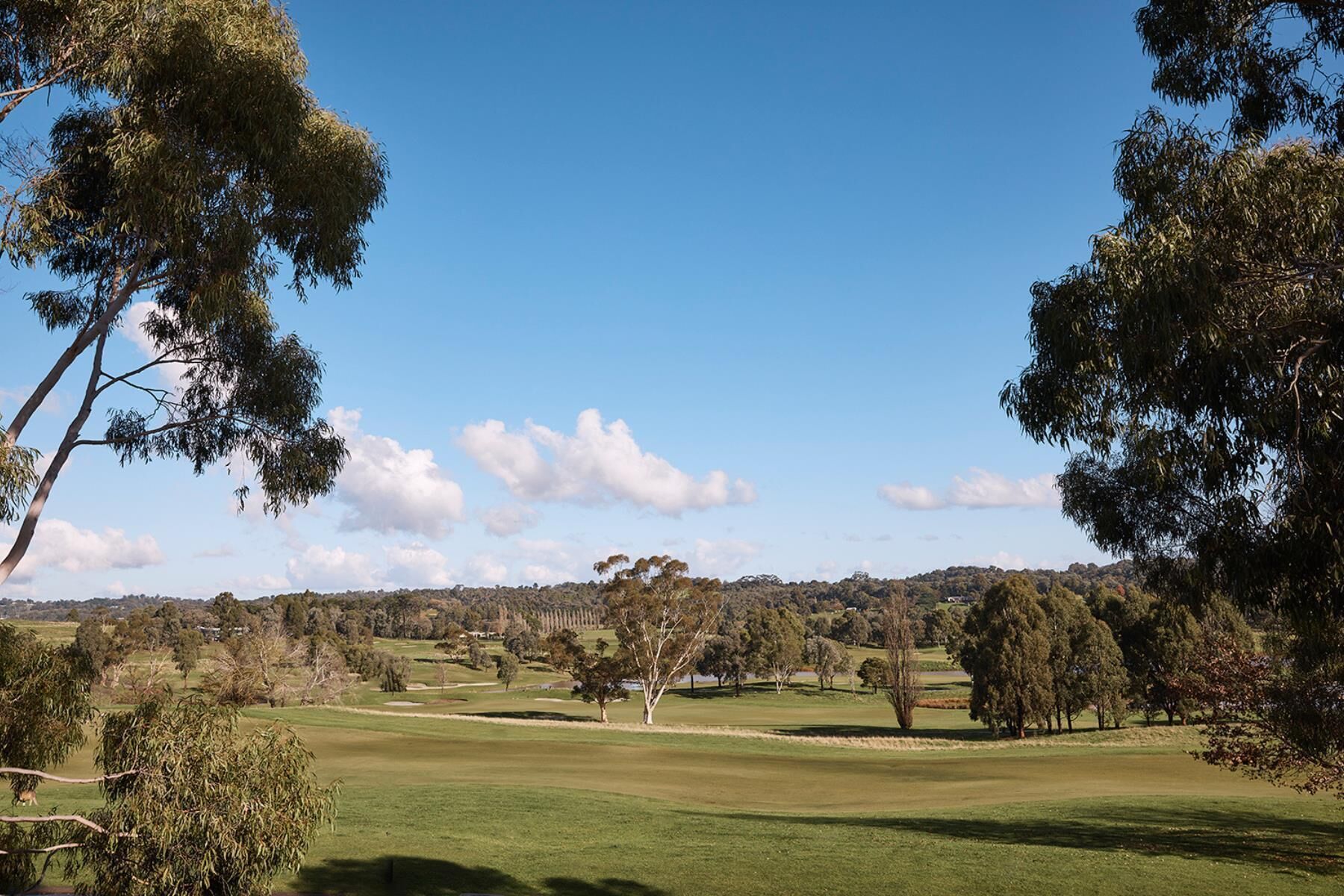 A golf course with a clear sky, surrounded by trees and distant hills.