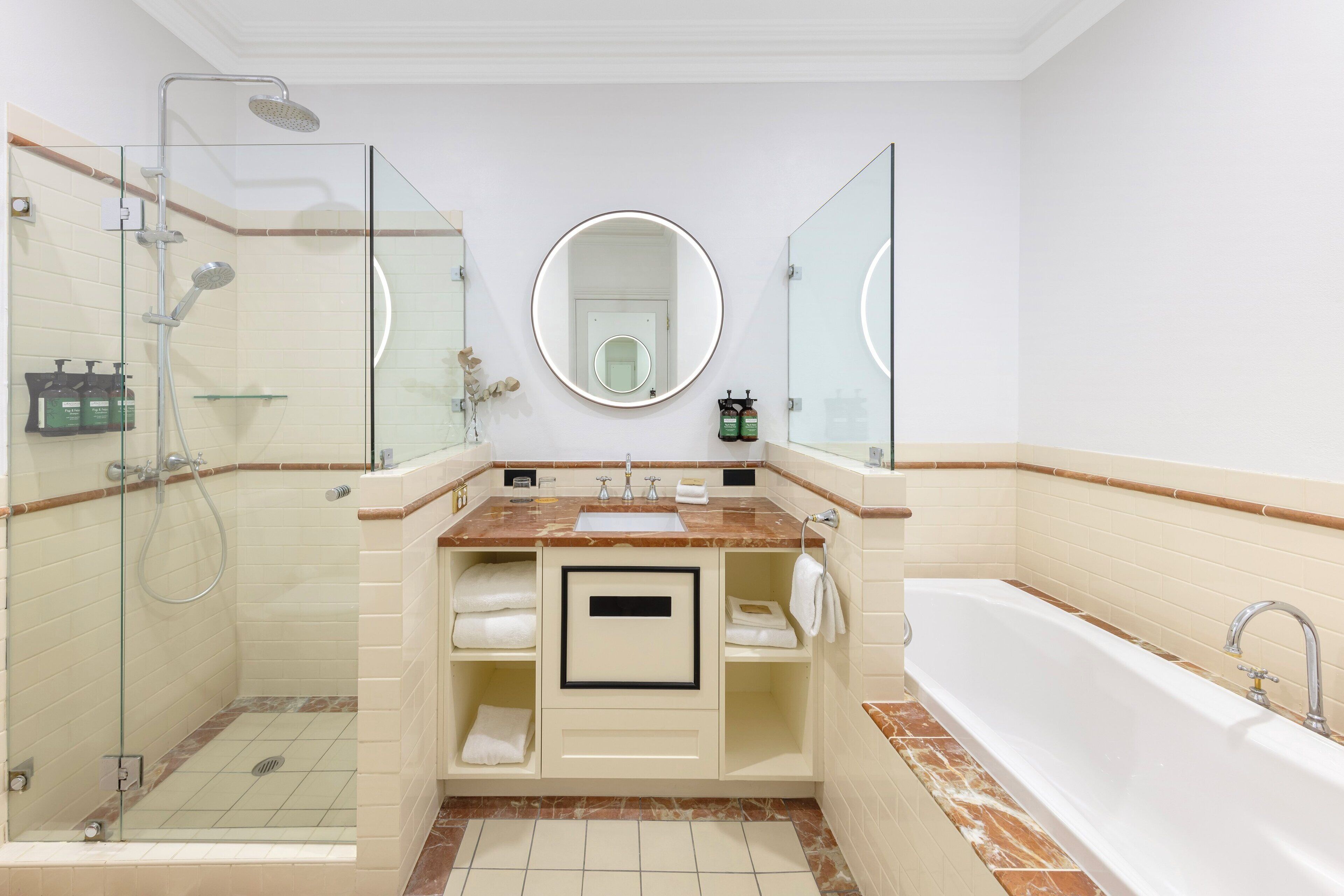 grand room, 1 king bed (valley view) | bathroom | shower, rainfall showerhead, designer toiletries, hair dryer