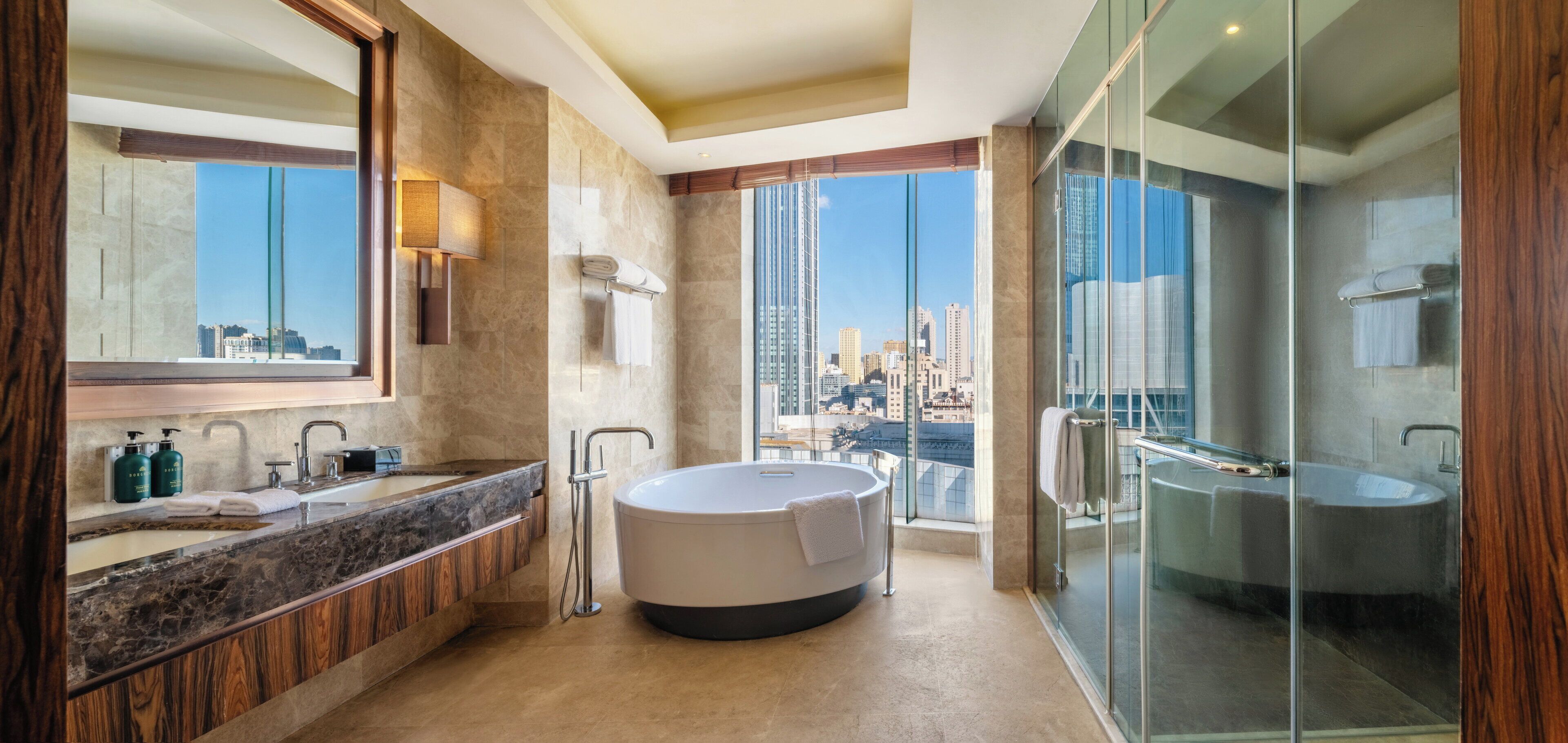 separate bathtub and shower, deep-soaking bathtub, free toiletries