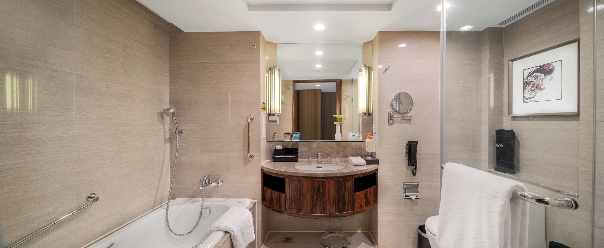 A modern bathroom with a bathtub, a shower, a vanity with a sink, and a toilet.