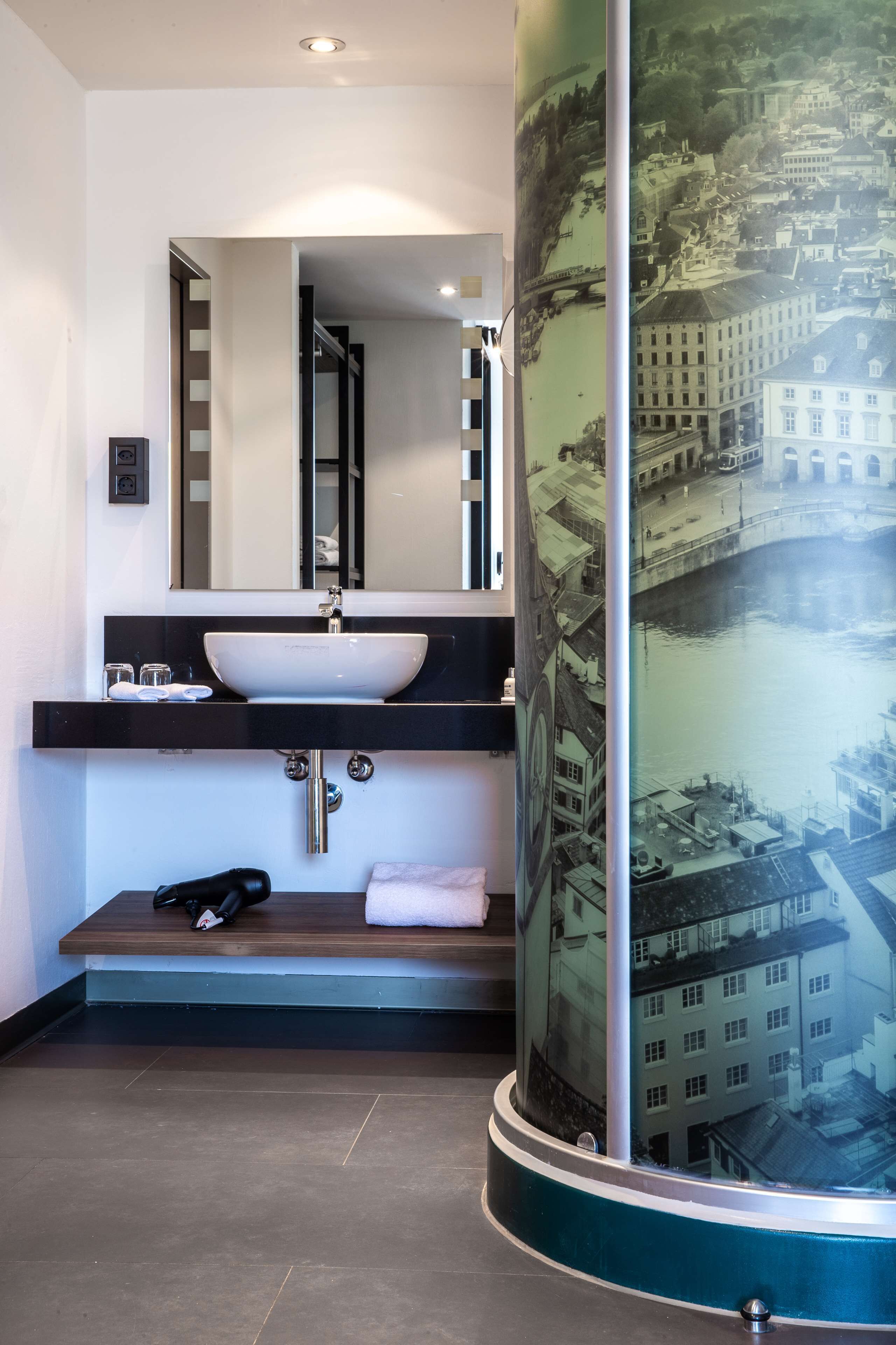 family room | bathroom | shower, rainfall showerhead, eco-friendly toiletries, hair dryer